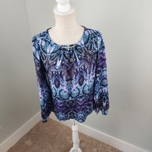 Worthington Teal Purple Reptile Pattern With Gold Detail Blouse Top Size SP